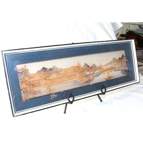 Rare Vgt Oversize Chinese Cork Carving Art Wall Hanging in Shadow Box Frame 25" - Picture 9 of 10